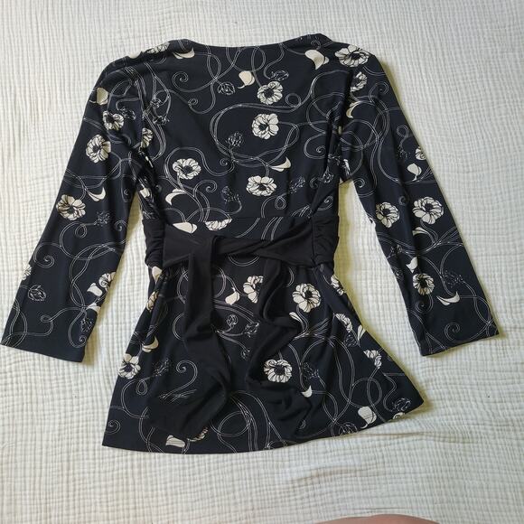 Y2K Apt. 9 Womens M Black Floral Wrap Top V Neck Blouse Waist Tie Boho Long - Picture 5 of 5